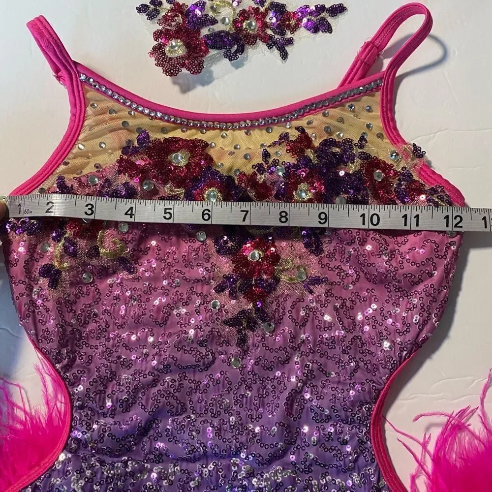 Glamour solo dance costume purple pink feather rhinestone jazz LC-large child
